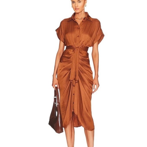Steve Madden Satin Tie Waist Midi Shirt Dress Tori Mocha Bisque Size 14 - Picture 2 of 10